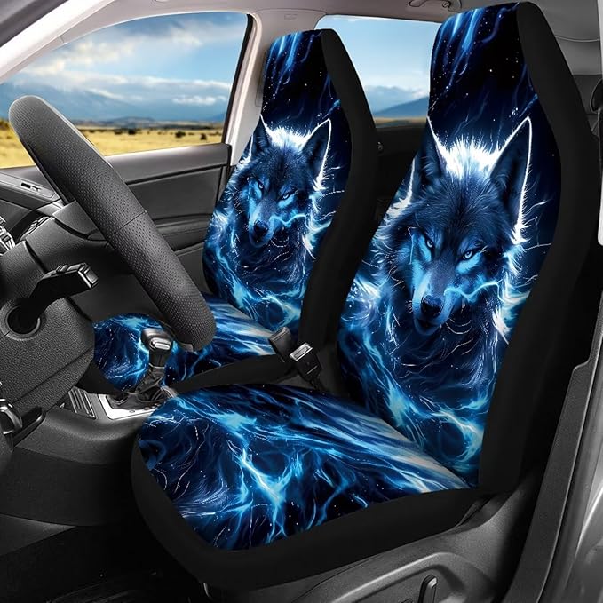 KEIAHUAN Blue Wolf Print Car Seat Covers for Men Automotive Front and Rear Split Bench Seat Cover Set Washable Breathable Universal Fits Most Vehicle Truck,SUV