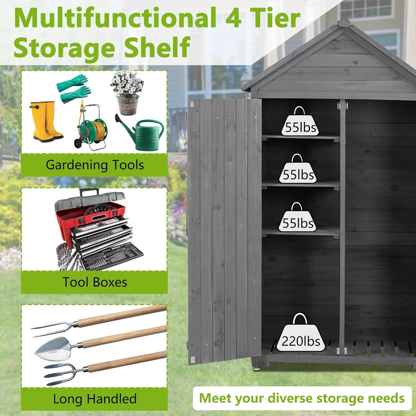 39.56"x 22.04"x 68.89" Outdoor Storage Cabinet with Removable Shelves, Waterproof Roof, and Adjustable Feet - Fir Wood Garden Tool Shed for Yard, Patio, Deck, and Garage,Grey