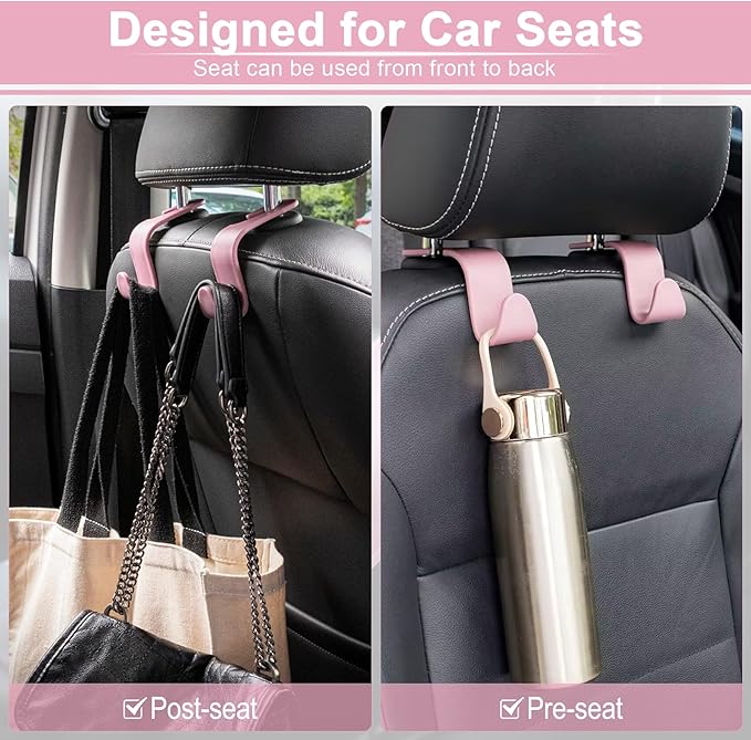 LivTee Car Seat Headrest Hook, Auto Seat Hook Hangers Storage Organizer Interior Accessories for Purse Coats Umbrellas Grocery Bags Handbag, 4-Pack - Pink