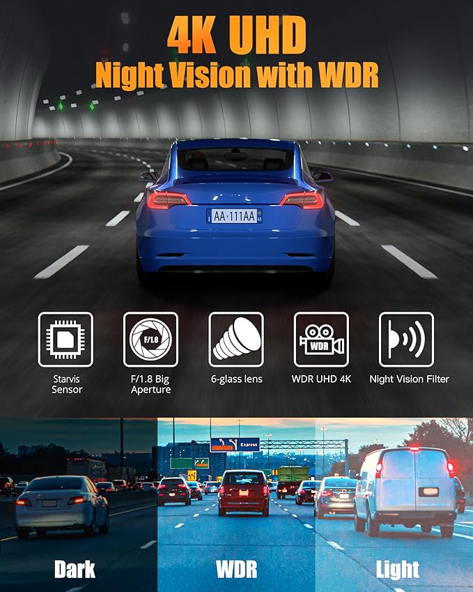 Dash Cam Front and Rear, 4K+1080P Dual Dash Camera for Cars with 5G WiFi, Built-in High-Capacity Storage, Night Vision, G-Sensor, 24H Parking Mode