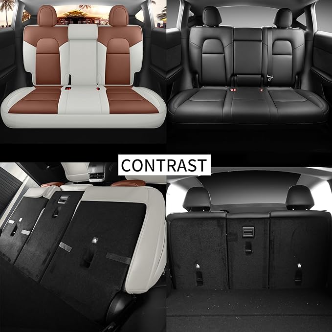 Leather Car Seat Cover for Tesla Model Y 2020 2021 2022 2023 2024 Customized Fit Front and Rear Seat Covers (Beige+Brown-Model Y)