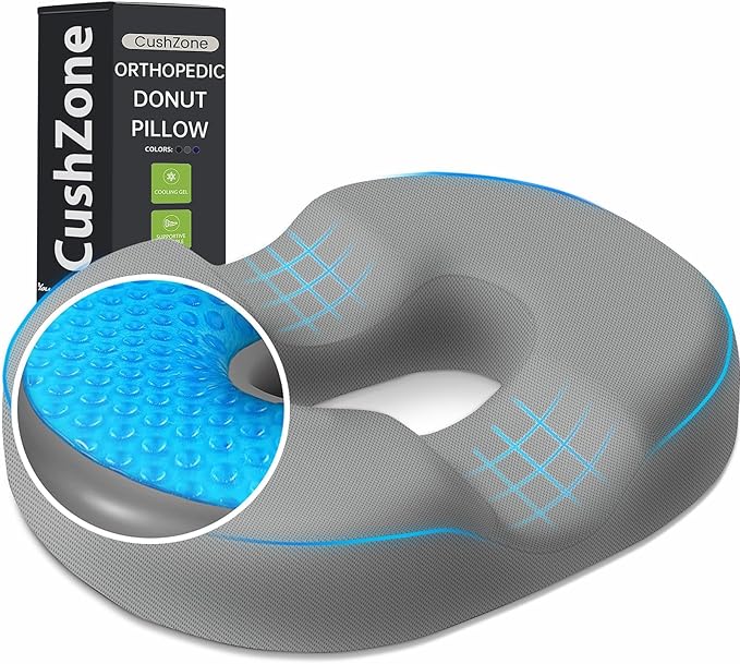 Donut Pillow Seat Cushion - Cooling Gel Outdoor Chair Cushions, Memory Foam Cushion for Office and Home, Car Seat and Patio Cushions, Hemorrhoids Pillow, Sciatica and Tailbone Pain Relief, Light Grey