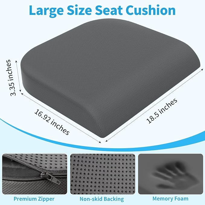 XLarge Seat Cushion, Soft Foam Cushion for Long Sitting Hours on Office Chair, Home & Car, Non-Slip Chair Pad for Relieving Back & Sciatica & Hip & Coccyx Pain (Grey)