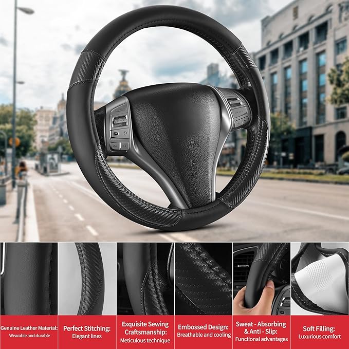 Non-Slip Car Nappa Leather Steering Wheel Cover,Universal Car Accessories Women Men Fit 14" 1/2-15" Suvs/Vans/Sedans/Cars/Trucks,Black