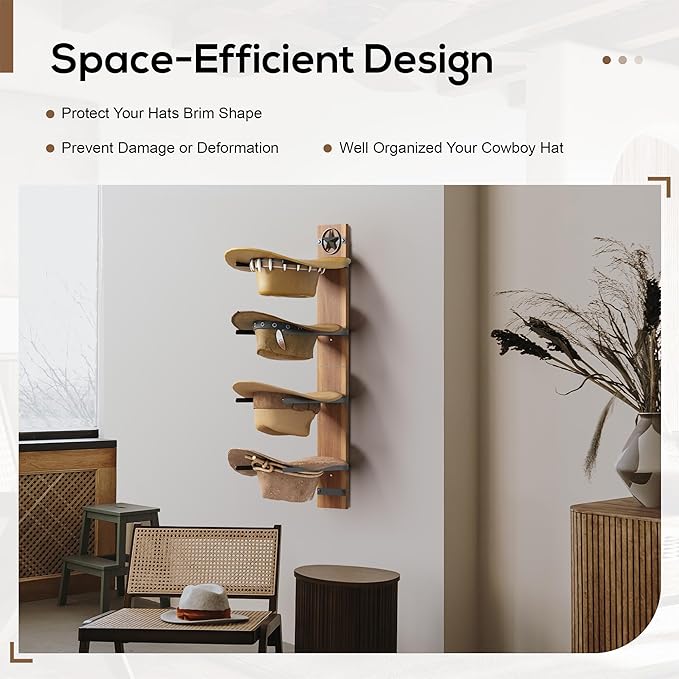 Hat Holder Rustic Wood Star Design – 2-Piece Organizer with Extra Wide Wooden Boards (12cm / 4.72"), 4-Hook Cowboy Hat Rack for Wall, Western Decor, Hat Storage Display Hanger