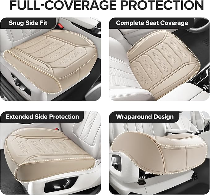 2 Pack Front Leatherette Seat Covers Faux Leather Bottom Car Seat Covers, Super Breathable,Anti-Slip,Universal Seat Covers for Cars,Full Wrapping Edge Fit for Most Sedans SUV Pick-up (2 Pack Beige)