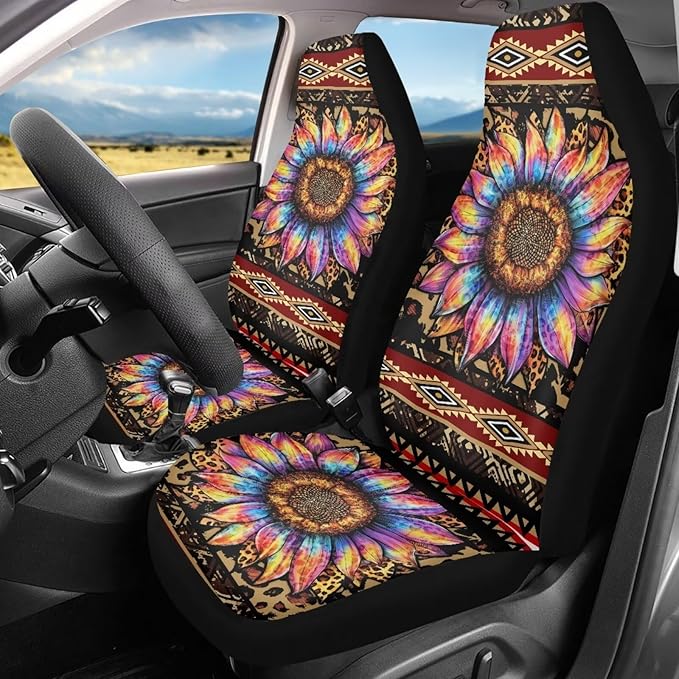 BIGCARJOB Native Tribal Sunflower Car Seat Covers Set Universal Car Interior Seat Rugs 2 Pcs Aztec Sunflower Auto Front Seat Protector Set Sunflower Car Accessories