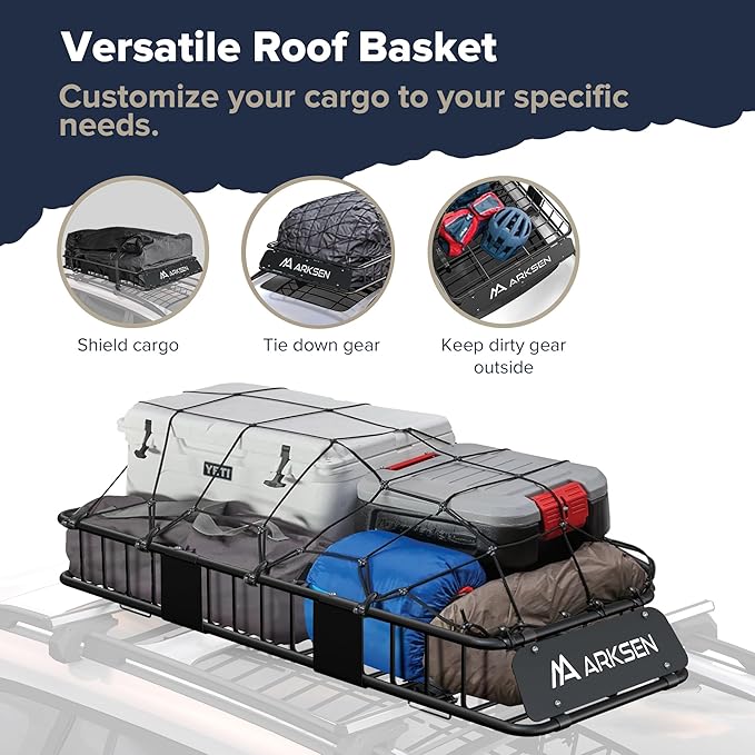 ARKSEN 64"x23"x6" Roof Rack Skinny Cargo Carrier with Basket, Net & Ratchet Straps Heavy Duty Weather Resistant Top Mount Cargo Rack, Luggage & Camping Gear Storage for Car, Truck or SUV Transport