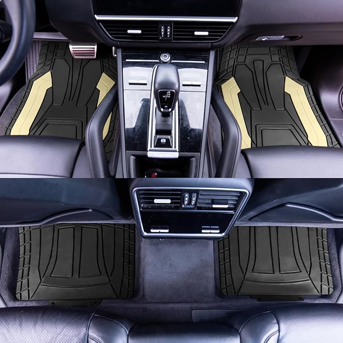 FH Group Automotive Floor Mats, Heavy-Duty Rubber, Stripe Design, Universal Fit Full Set, Trimmable Climaproof Floor Mats for Most Sedan, SUV, Truck, Beige
