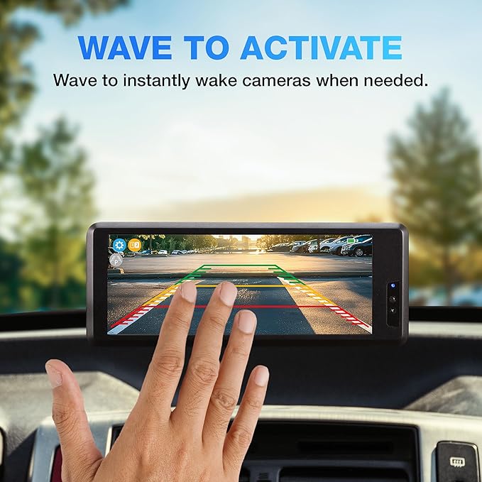 Type S Solar Powered Parking Assistant Set with Wireless Dual Backup Cams, 6.8'' Touchscreen Monitor, 720p HD Resolution, Enhanced Night Vision, Wide View Angle, Self-Charging, No Hardwire
