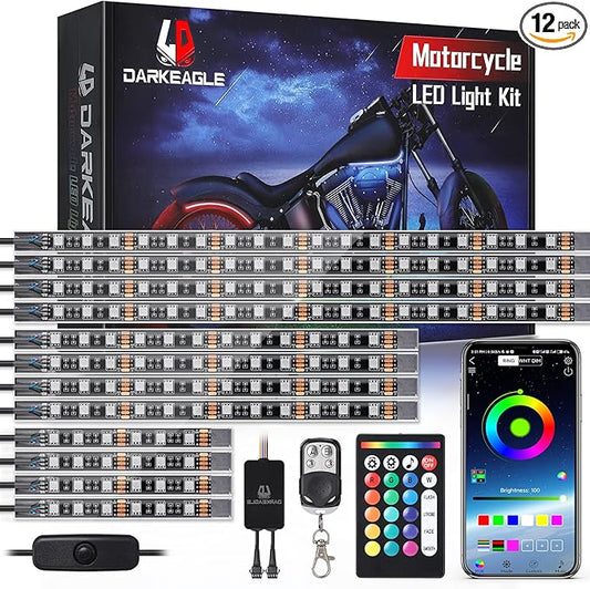 12PCS Motorcycle RGB LED Light Kit with Brake Turn Signal, Underglow Lights with APP/RF Remote,Neon Accent Light MultiColor Dual Zone Waterproof 12V for Sport Bike, Cruiser, Street&Off-Road Motorcycle