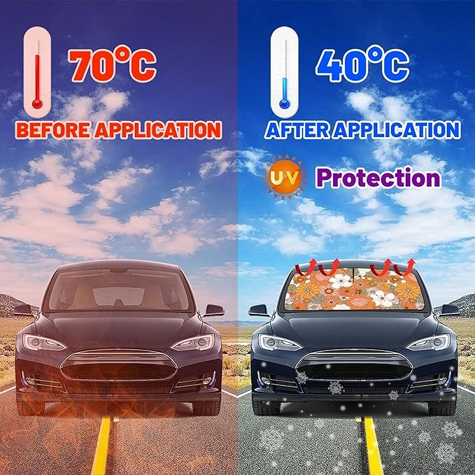 CHILL·TEK Funny Car Windshield Sun Shade Umbrella, 70s 80s Flowers Car Sun Shade Umbrella, Block UV Rays Heat Foldable Windshield Umbrella Sun Visor Protector - Keep Vehicle Cool for Cars SUV