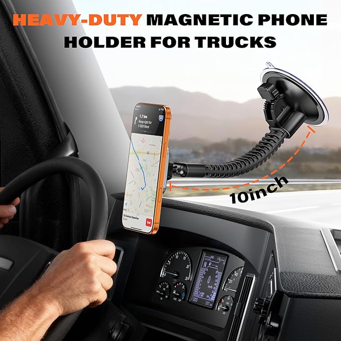 APPS2Car for Heavy-Duty MagSafe Truck Phone Mount, 4.33" Extra Large Vacuum Suction Cup, 20 Strong Magnets, Ultra-Stable Double-Rib Long Arm, Magnetic Phone Holder for Pickup, Semi Trucks, Tractor