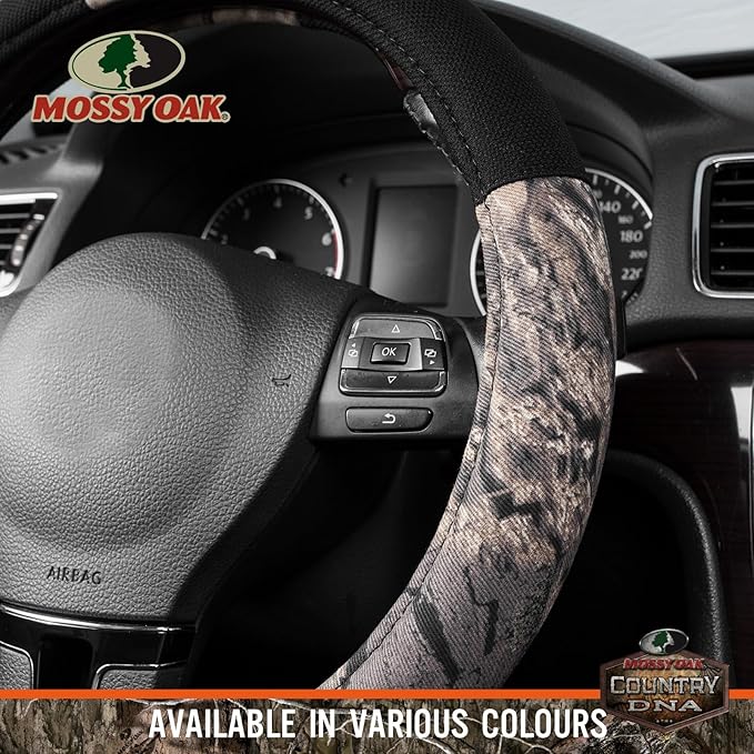 Mossy Oak Camo Steering Wheel Cover - PU Leather and Cotton Twill, Universal Fit 14 1/2 inches to 15 inches - Officially Licensed Product