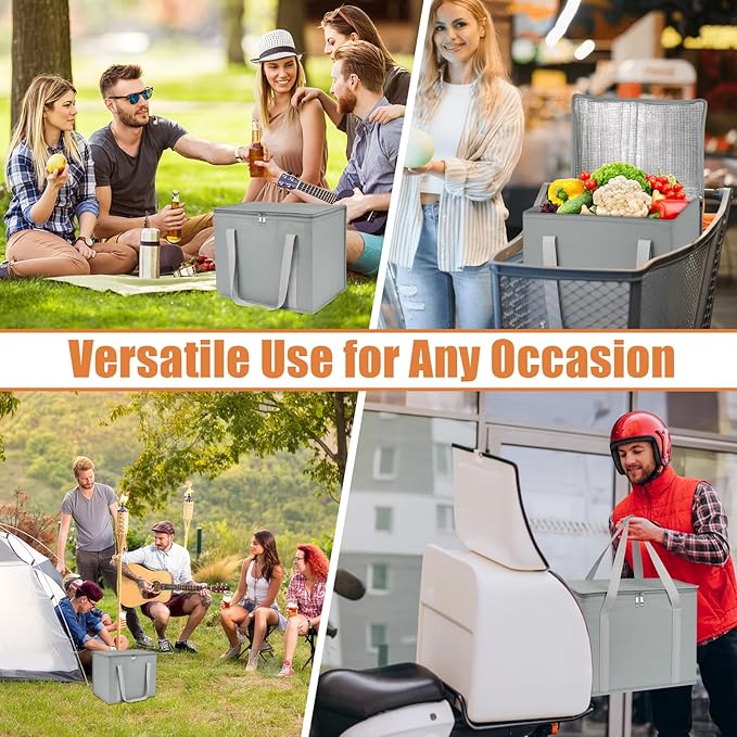 PEASUG 2 Pack Insulated Bags for Food Delivery, XL Pizza Delivery Bags, Large Capacity Cooler Bag Keep Food Warm for Grocery Shopping and Catering, Foldable, Heavy-Duty (Grey)