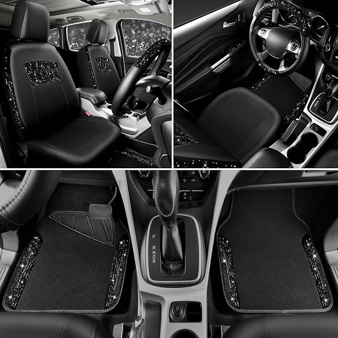 CAR PASS Universal Black Leather Lace Car Seat Covers Full Set for Women Girls,Waterproof Car Floor Mats Carpet,Glitter Steering Wheel Cover for Cars Accessories Interior Sets (Black)