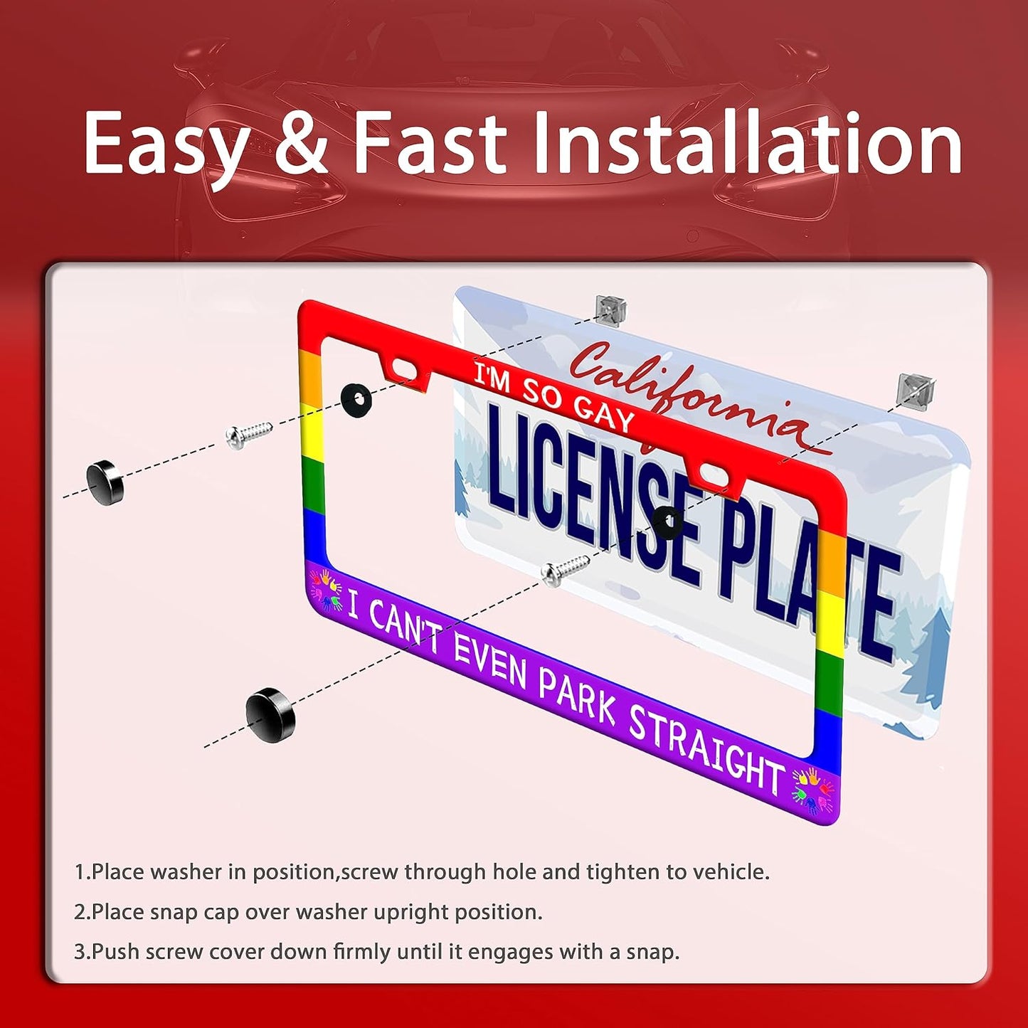 Gay License Plate Frame I'm so Gay I Can't Even Park Straight LGBT Funny License Plate Stainless Steel Parts with Screws Size 12.3" x 6.3" Men Women