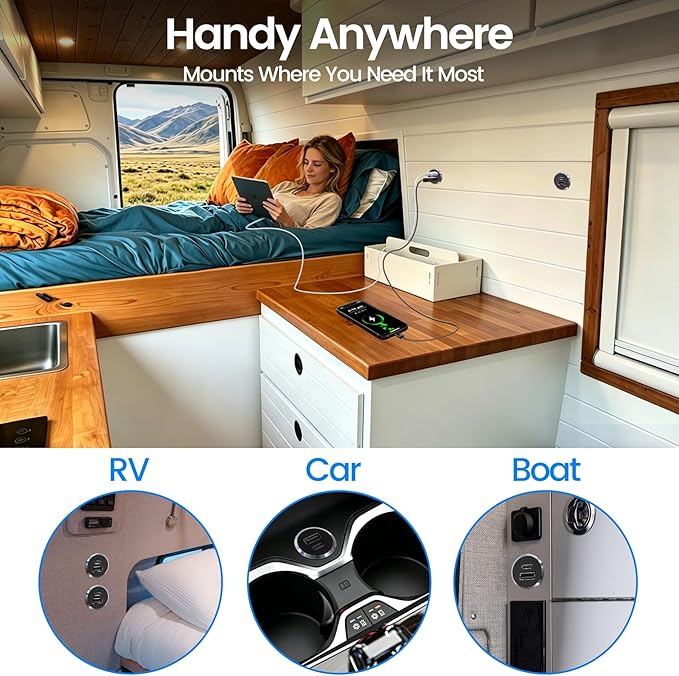 12V USB Outlet All-Aluminum QC 3.0 USB-A & USB-C PD3.0 Dual Fast Car Charger Socket, Recessed Mount Car USB Port for Car Truck Boat RV Camper Van Trailer (Small Version)