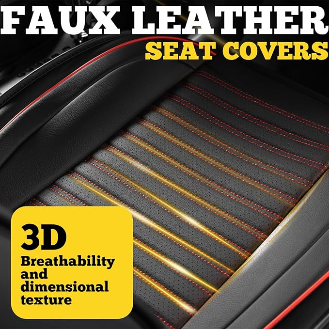 LINGVIDO Front Car Seat Covers, Faux Nappa Leather, Airbag Compatible and Waterproof Protectors for Sedans SUVs, Breathable Anti-Slip Interior for Commuters and Rideshare, Black/Red