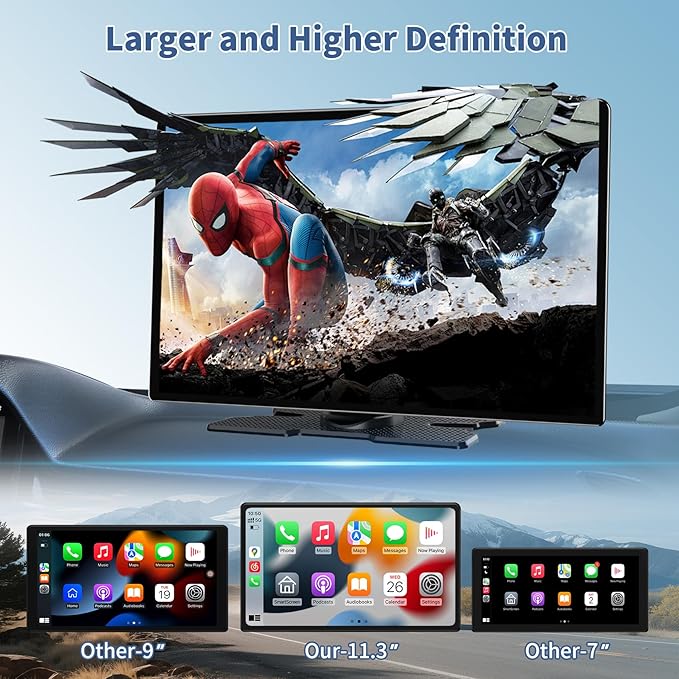 Largest 11.3" Portable Apple Carplay Screen, Wireless Car Play & Android Auto Touch Screen, Car Stereo with App View/4K Dash Cam/Backup Camera/Mirror Link/Voice Control/Music Play/GPS/Bluetooth/FM