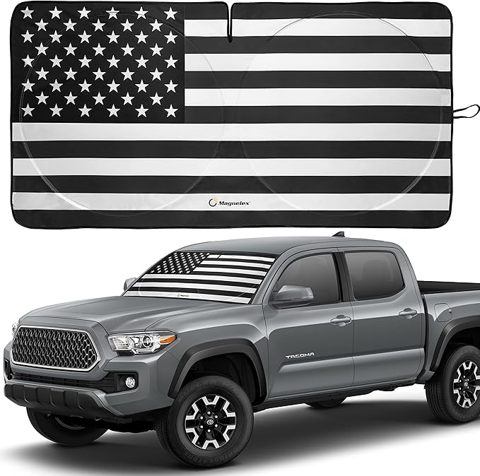 Magnelex American Flag Windshield Sun Shade, High-Resolution Car Sun Shield with Mirror, Cut-Out for Automotive Interior Sun and Heat Protection, Folding Car Sunshade - Small, Black & White