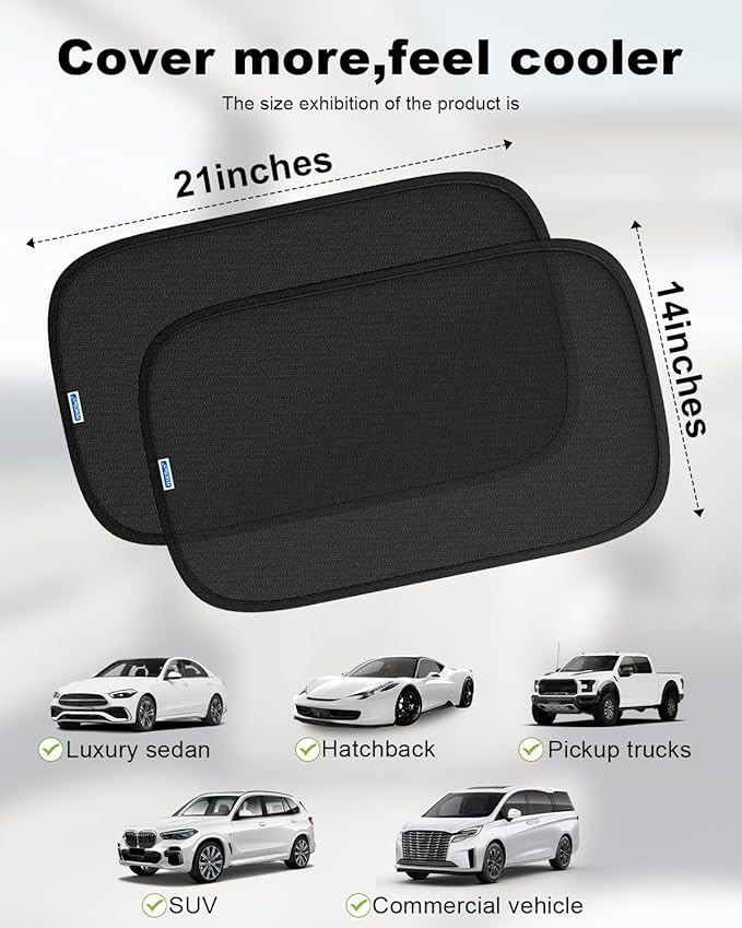 PEMOTech Car Window Shades for Baby【8 Suction Cups & Static Cling】 2 Pack-21"x14" Side Window Cover for Child,Certified Sunshades for Kids to Block 99.9% UVR, Sun Shade Universal Fit Most of Cars