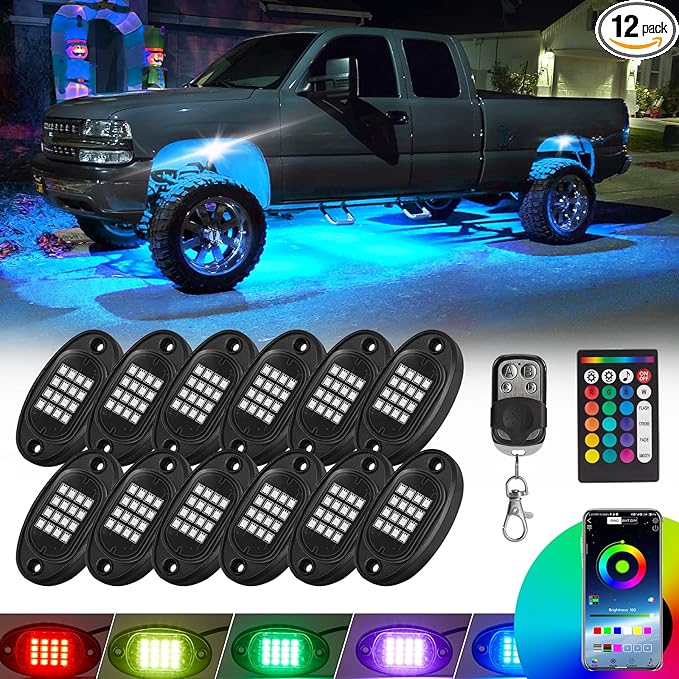 12 Pods RGB LED Rock Lights for Trucks Golf Cart Pickup Offroad RV UTV ATV SUV, Waterproof Multicolor Underglow Kit for Cars with APP Music Mode, Vehicle Underbody Light Underneath Accent 12V