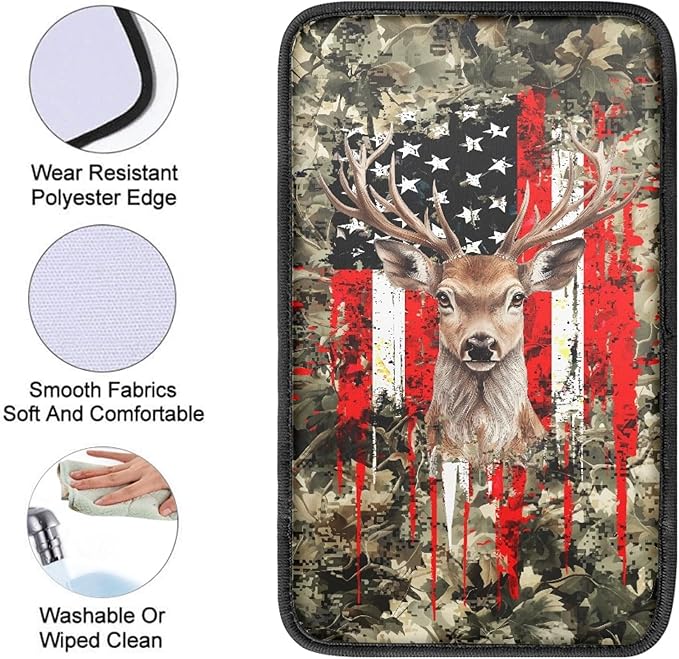 Hunting Deer Flag Print Car Center Console Cover,Universal Armrest Cover Pads for Most Vehicles,SUV