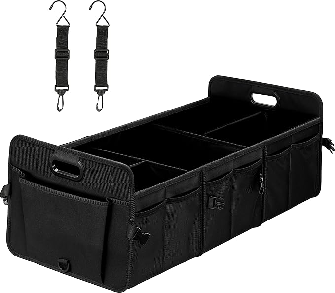 YSSOA Multi Compartments Car Trunk Organizer, 600D Anti-slip Waterproof Oxford Polyester Car Storage, with Adjustable Strap, 15"D x 32"W x 12"H Collapsible Trunk Storage, for SUV, Truck, Black