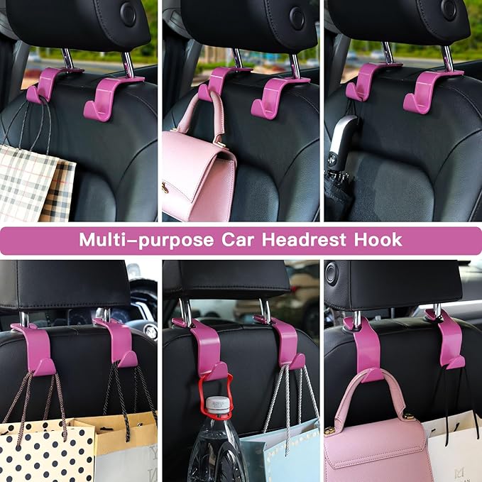 Soleebee 4 Pack Car Headrest Hooks - Universal Auto Hooks, Back Seat Hangers, Storage Organizer (Hot Pink)