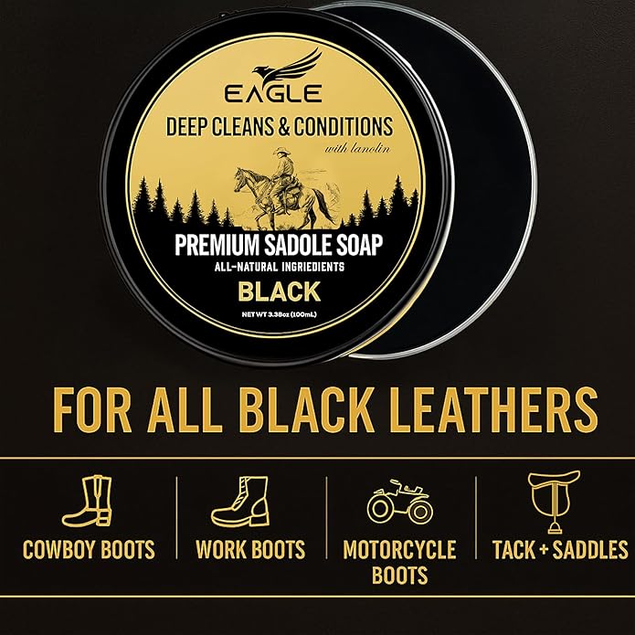 Black Saddle Soap for Leather – 3-Piece Saddle Soap Kit for Leather Cleaning, Boots, Tack, and Saddles – Includes Applicator and Cloth – Leather Soap and Conditioner for Leather Boots and Tack Care