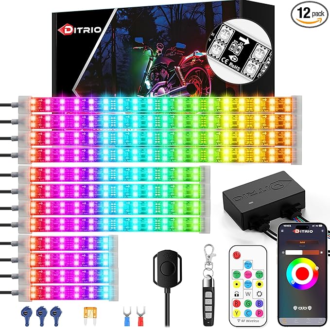 12PCS Double Row Motorcycle Led Lights with Brake Turn Signal,Underglow Light Kits with DITRIO APP/RF Remote Control, Dual Zone,Waterproof,12V Pixelglow RGB Lights for Motorcycles, Golf Carts, UTVs