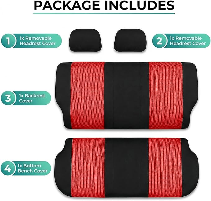 FH Group Automotive Rear Car Seat Covers for SUV, Trucks, Sedan and More - Universal Fit Front High Back & Rear Solid Bench Design Interior Accessories - 3D Mesh Fabric Center Panel - Red