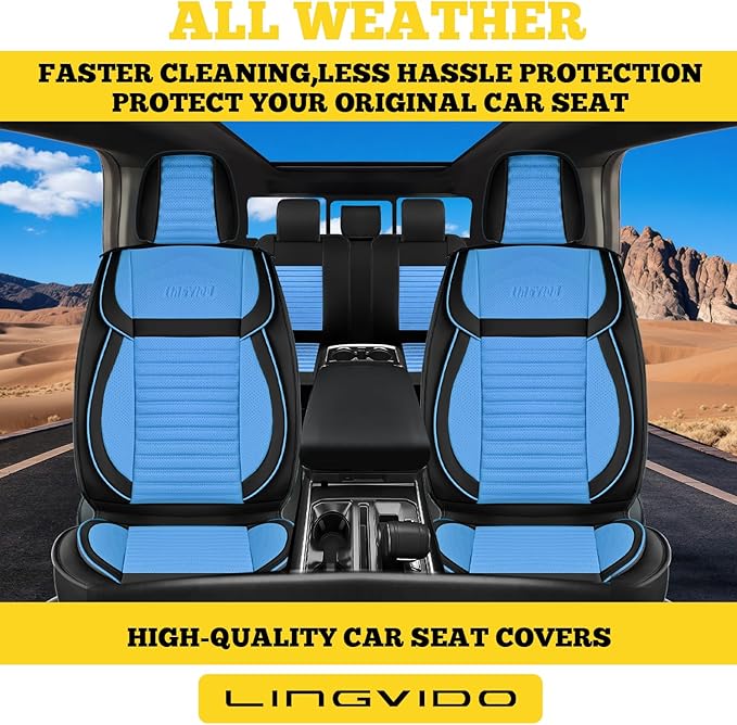LINGVIDO Front Car Seat Covers, Faux Nappa Leather, Airbag Compatible and Waterproof Protectors for Sedans SUVs, Breathable Anti-Slip Interior for Commuters and Rideshare, Black/Light Blue