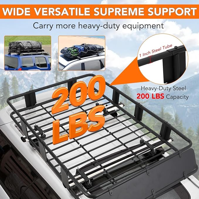 64"x39" Universal Roof Rack Basket with Cargo Bag, Adjustable Steel Roof Cargo Basket up to 200 lbs Capacity, Car Top Carrier for SUV, Truck, and Vehicle Rooftop Storage