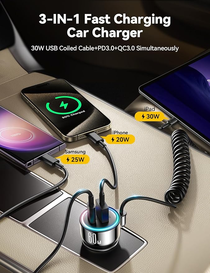 2-Pack 60W Fast Car Charger USB C, PD &QC3.0 with 5ft 30W Type C Coiled Cable, Car iPhone Charger Adapter Cigarette Lighter for iPhone 16/15 Pro Max Plus, Samsung S24/S23, Andriod/Pixel/iPad