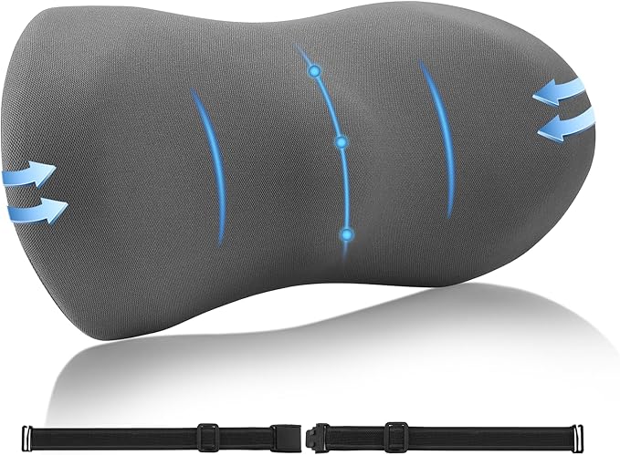 Lumbar Support Pillow for Car with Dual-Grip™ Stability System - Advanced Adaptive Memory Foam Back Pillow for Lower Back Pain Relief, Ergonomic Driving Seat & Office Chair Cushion, Gray