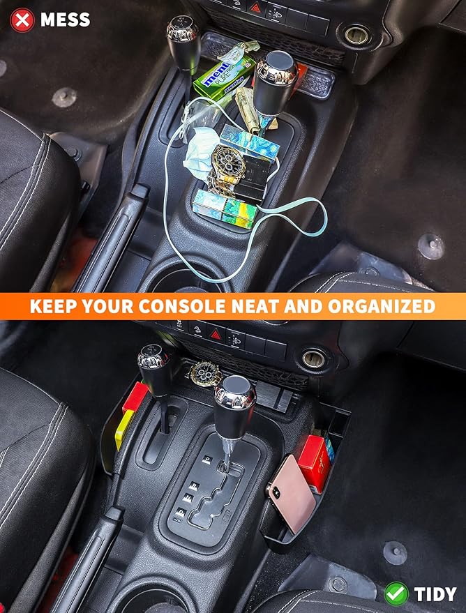 Savadicar GT-3 JK Shifter Storage Box, Gear Shift Console Side Tray Organizer for 2011-2018 Jeep Wrangler JK JKU, Interior Accessories, Reserved USB Charger Extender Slot, Black