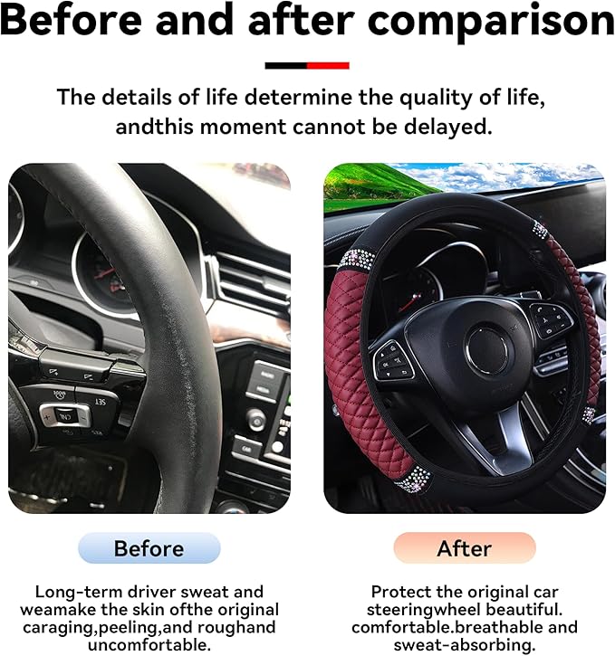 Bling Car Steering Wheel Cover, 15 Inch Rhinestones Soft Leather Elastic Steering Wheel Protector, Sparkly Crystal Diamond for Women Girls, Car Interior Accessories for Most Cars (Wine Red)