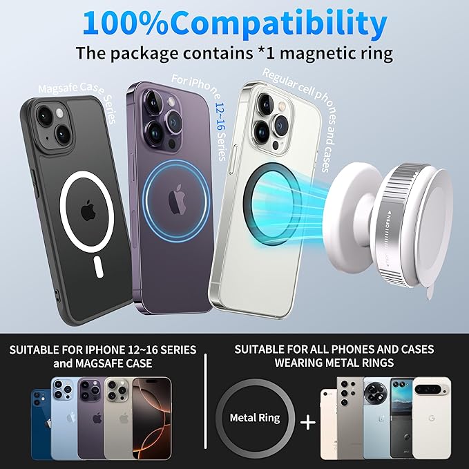 24Mags Magnetic Phone Holder for Car, 360-Degree Adjustable Dashboard Mount, Rotary Suction & Release, Detachable & Reusable for MagSafe & Android Phones with Magnetic Case, White