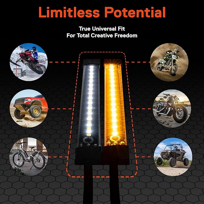 TRUE MODS 2pc 5" LED Motorcycle Front Fork Switchback Cold White DRL Running & Amber Turn Signal Light Strip Kit [Waterproof] [Blinker] Flexible Self Adhesive Universal Surface Mount for UTV ATV Bike
