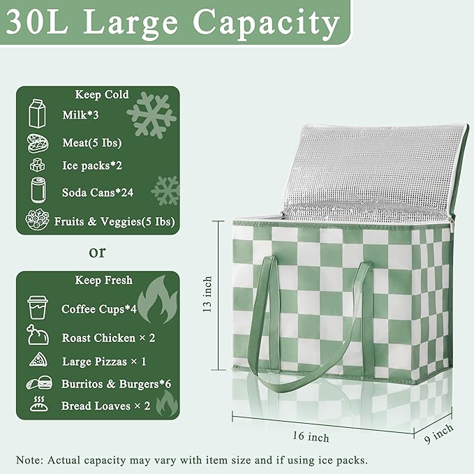 Checkered Insulated Grocery Bags 2 Pack, Checkerboard Cooler Shopping Bags for Groceries, Insulated Bags for Food Delivery