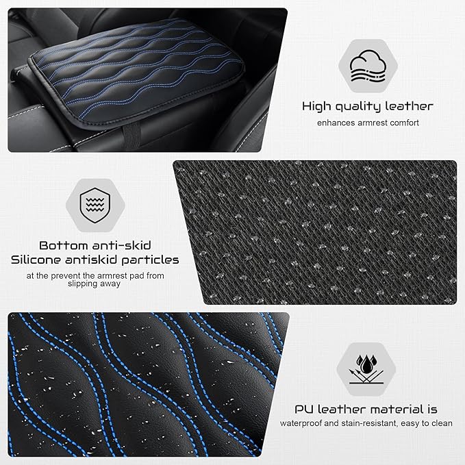 Amiss Auto Center Console Pad, Universal Waterproof Armrest Seat Box Cover, Car Interior Accessories, Leather Auto Armrest Cover Protector for Most Vehicle, SUV, Truck (Blue-Line)