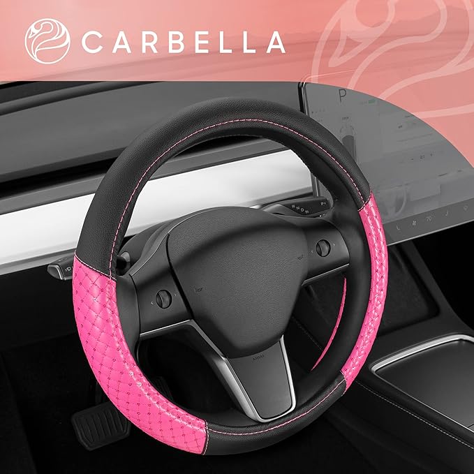 Pink Sequin Bling Steering Wheel Cover, Standard 15 Inch Size Fits Most Vehicles, Cute Faux Leather Car Steering Cover with Diamond Rhinestone Glitter Like Detail, Car Accessories for Women