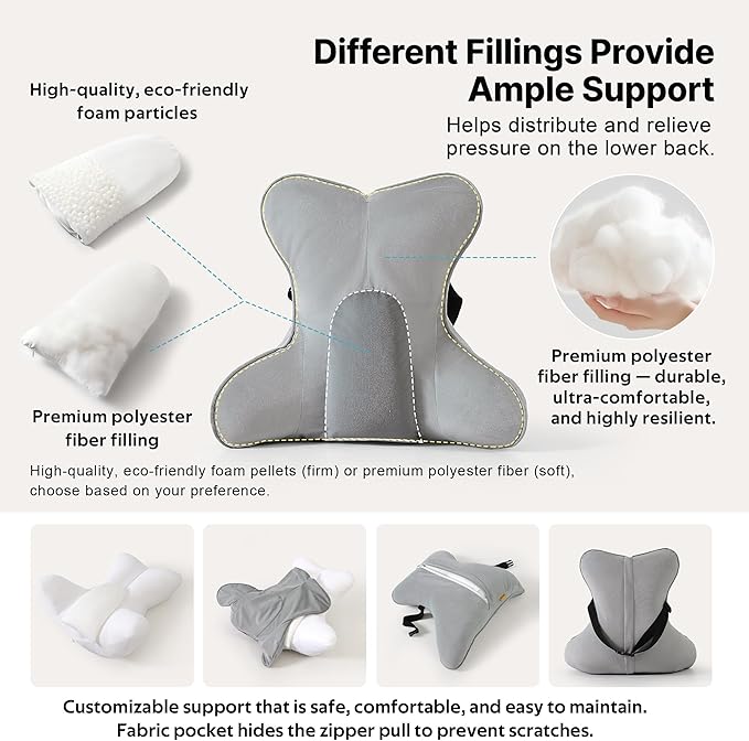 Lumbar Back Pillow (Pat. Pend), Supportive Back Cushion for Bed, Couch & Recliner, Ergonomic Lumbar Pillow with Customizable Firmness for Lower Back Pain Relief, Zinc Gray