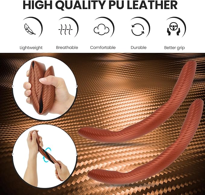 GSPSCN Universal Car Carbon Fiber Steering Wheel Cover Anti-Skid,Butterfly Steering Wheel Cover,Non-Slip Segmented Steering Wheel Protector,Fit for 99% Cars,Car Interior Accessories (Brown)