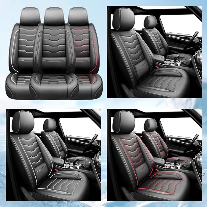 Fit Accord Car Seat Covers Premium Leather for Honda Accord 2012-2025 2026. Waterproof， Breathable, Scratch-Resistant & All-Weather Seat Cushion Protector（Full Set,Red Line Black