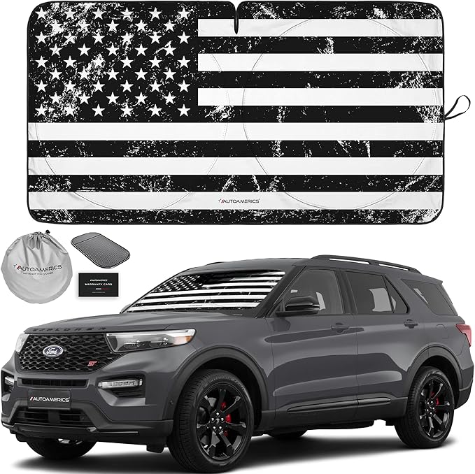 Autoamerics 1-Piece Windshield Sun Shade Grunge B&W American Flag USA Design - Foldable Car Front Window Sunshade for Most Sedans SUV Truck - Blocks Max UV Rays and Keeps Your Vehicle Cool - Medium