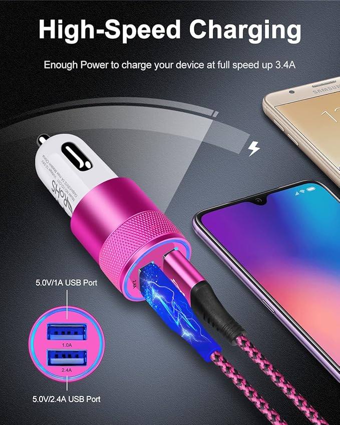 USB Car Charger Adapter, 3.4a Fast Charging Dual-Port Cargador de Carro Lighter Adapter for iPhone 15 14 13 12 SE 11Pro Max X XR XS Max 8 Plus, iPad