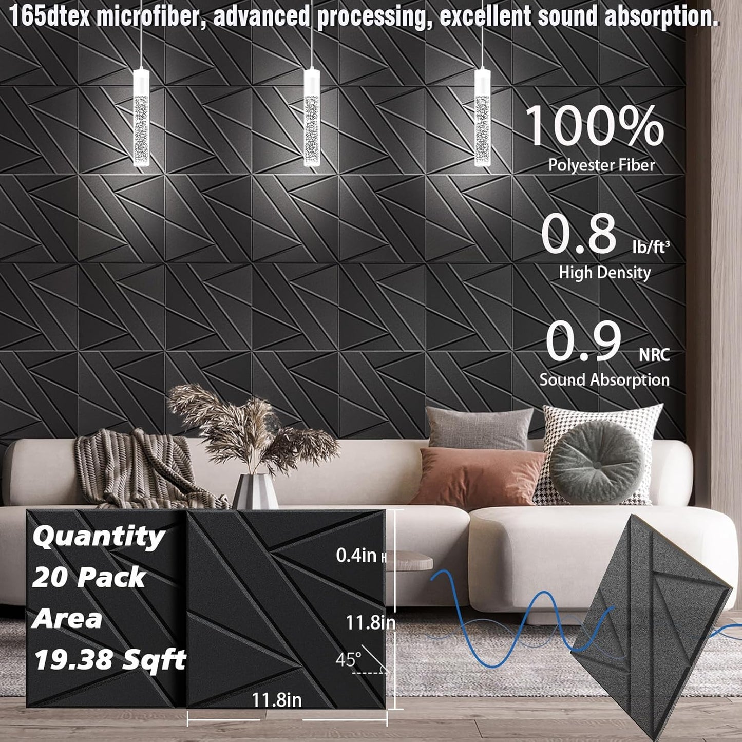 【20 Pack】 Acoustic Panels Self-Adhesive (0.4" Thick | 0.8lb/ft³ Medium Density) - 12x12 Soundproof Foam Tiles for Home Office/Wall Sound Absorption, Noise Reduction Panels Studio Use - Black